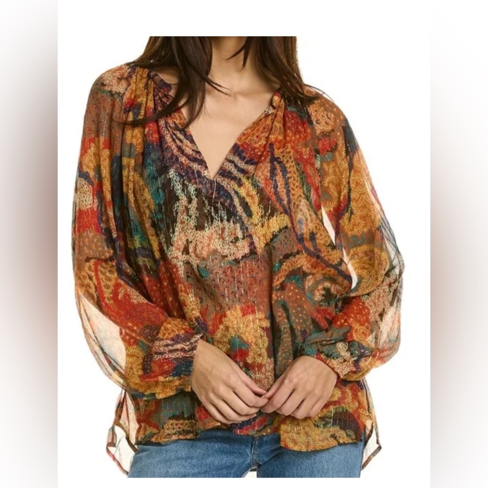 ALC Silk Dana Split-Neck Metallic Printed Colorful Blouse, 4, $395
